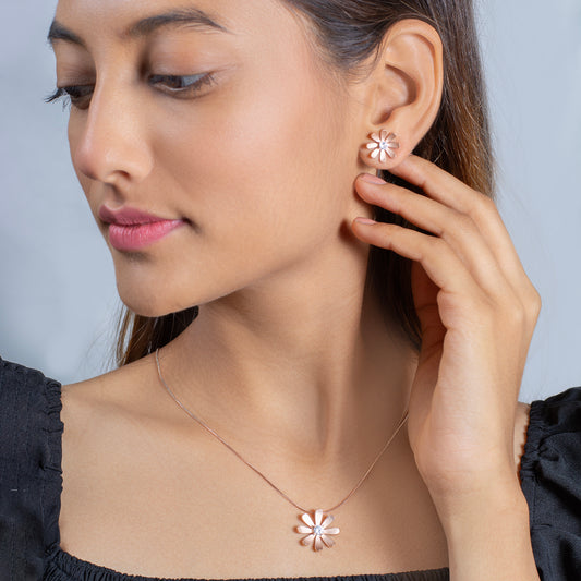 Rose Gold Daisy Pendant and Earring Set with Diamond Centers