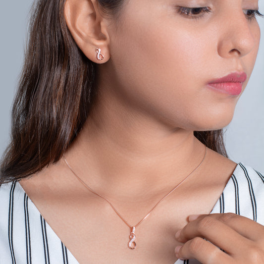 Rose Gold Infinity Pendant and Earring Set with Diamond Accents