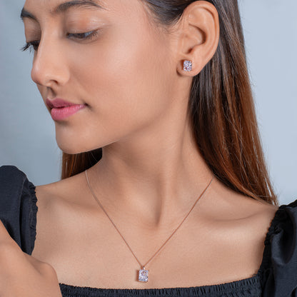 Rose Gold Square Solitaire Diamond Pendant and Earring Set