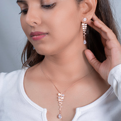 Rose Gold Vine Drop Pendant and Earring Set with Crystal Accents