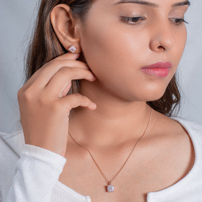 Rose Gold Solitaire Diamond Pendant and Stud Earring Set