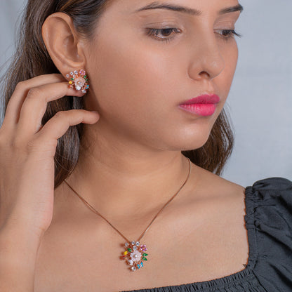 Rose Gold Floral Burst Pendant and Earring Set with Multicolored Gemstones