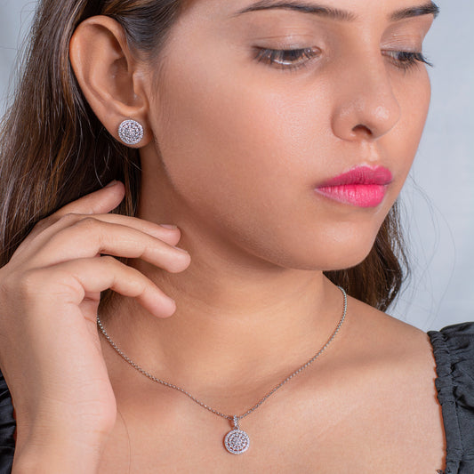 Silver Pave Diamond Disc Pendant and Earring Set