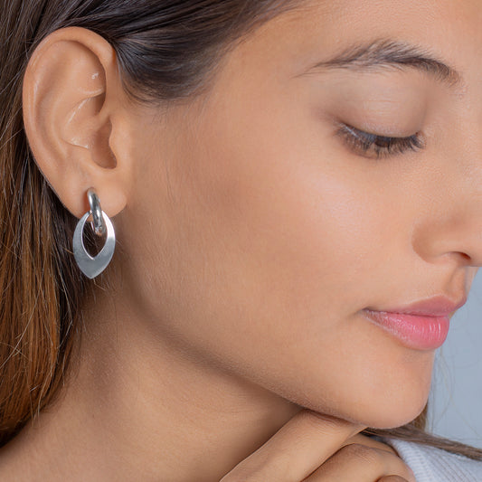 Italian Silver Hoop Earrings with Hanging Silver Petal Charm