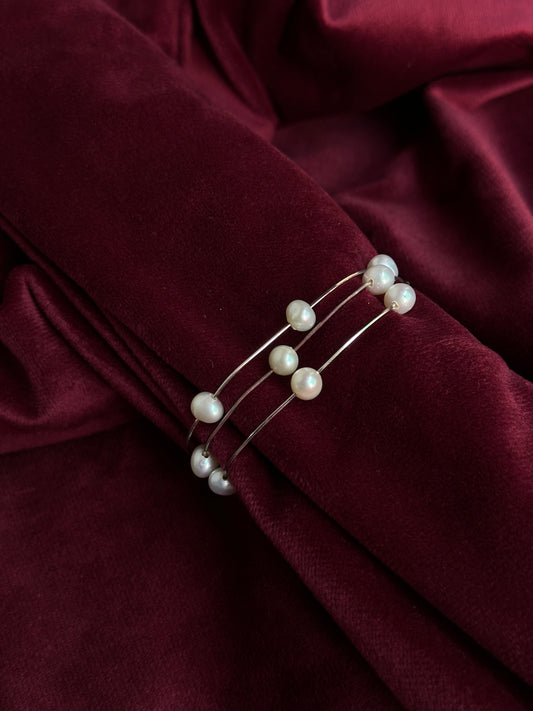 Triplet Lumière: Sterling Silver Triple Strand Bracelet with Pearls