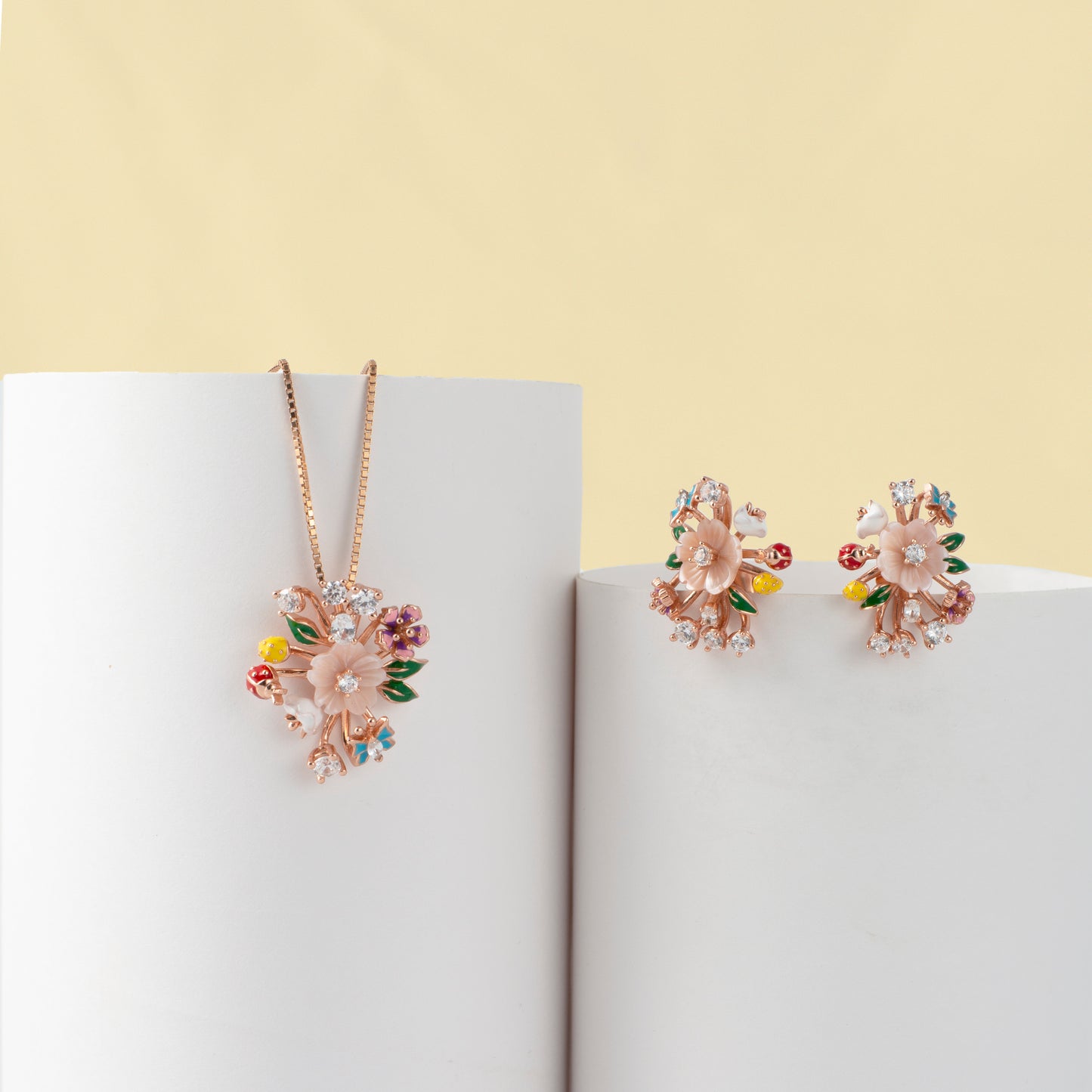 Rose Gold Floral Burst Pendant and Earring Set with Multicolored Gemstones