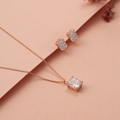 Rose Gold Square Solitaire Diamond Pendant and Earring Set