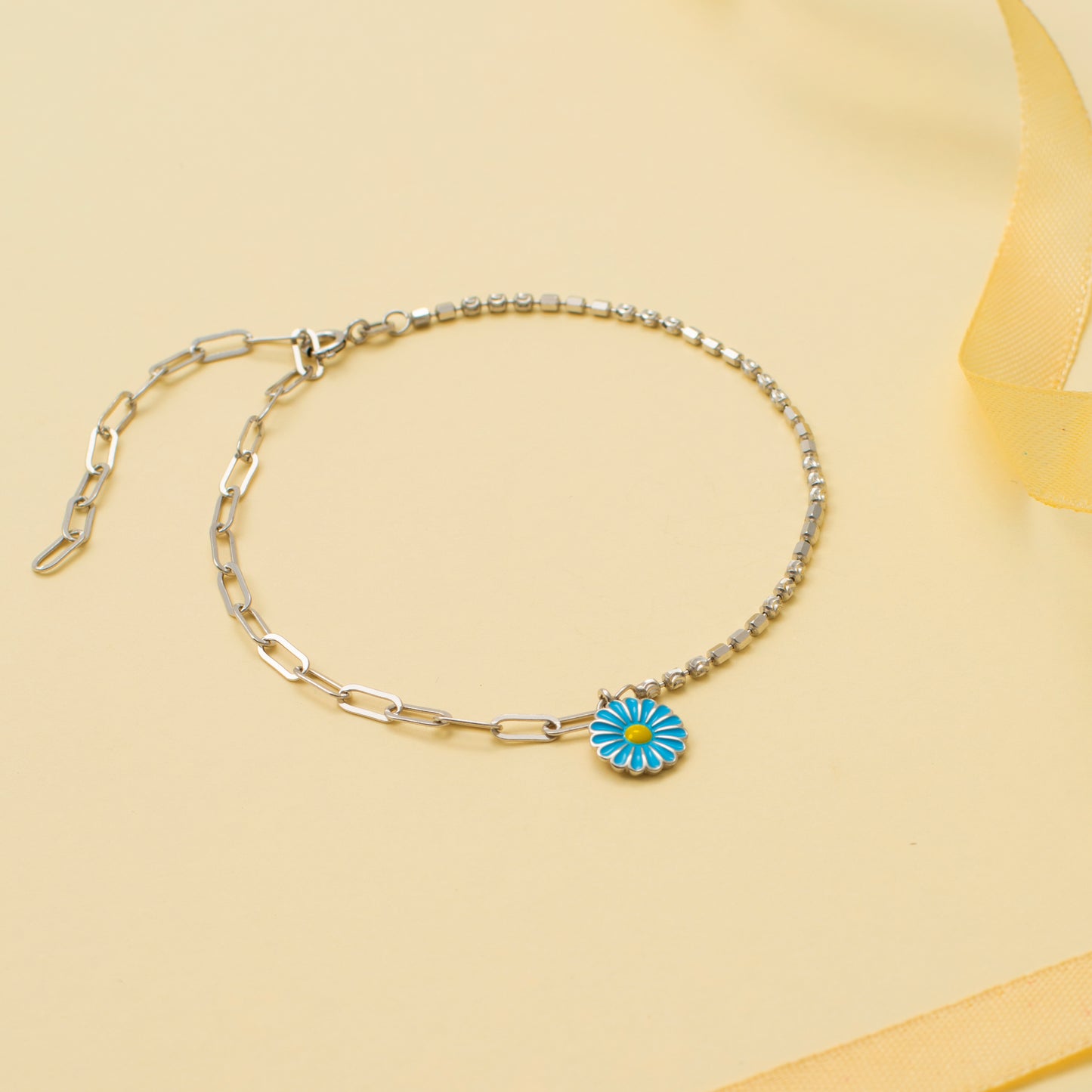 Blue Hanging Flower and Diamond Accent Anklet