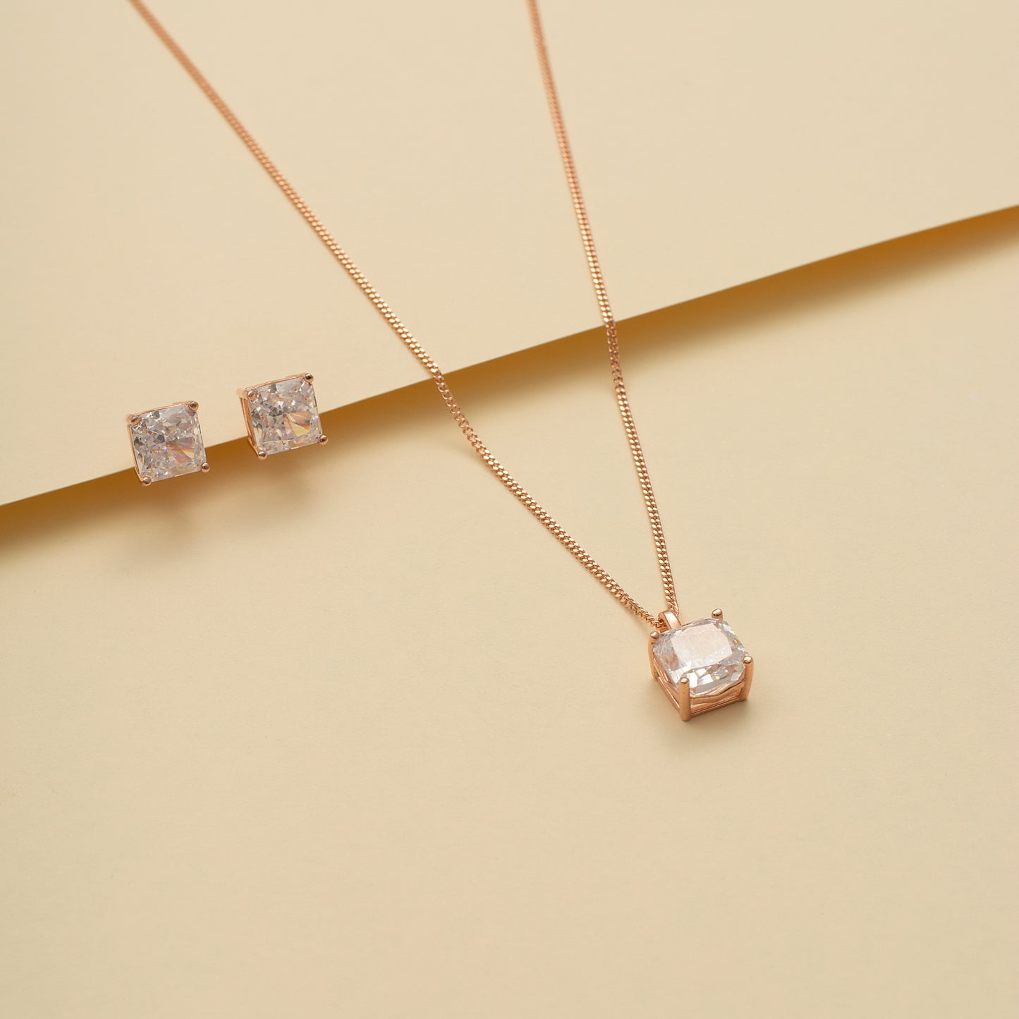 Rose Gold Solitaire Diamond Pendant and Stud Earring Set