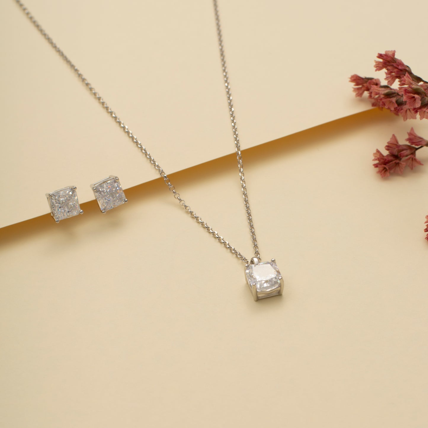 Silver Solitaire Diamond Pendant and Stud Earring Set