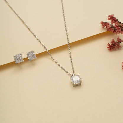 Silver Solitaire Diamond Pendant and Stud Earring Set