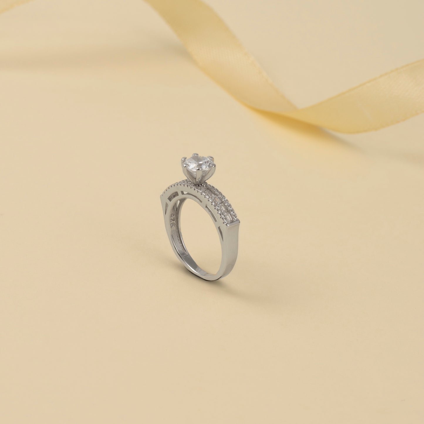 Silver Solitaire Diamond Ring with Pave Band