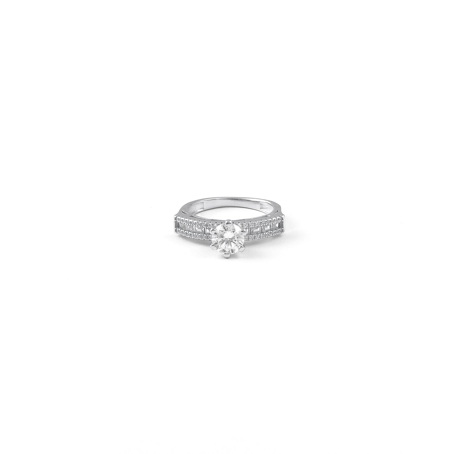 Silver Solitaire Diamond Ring with Pave Band