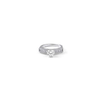 Silver Solitaire Diamond Ring with Pave Band