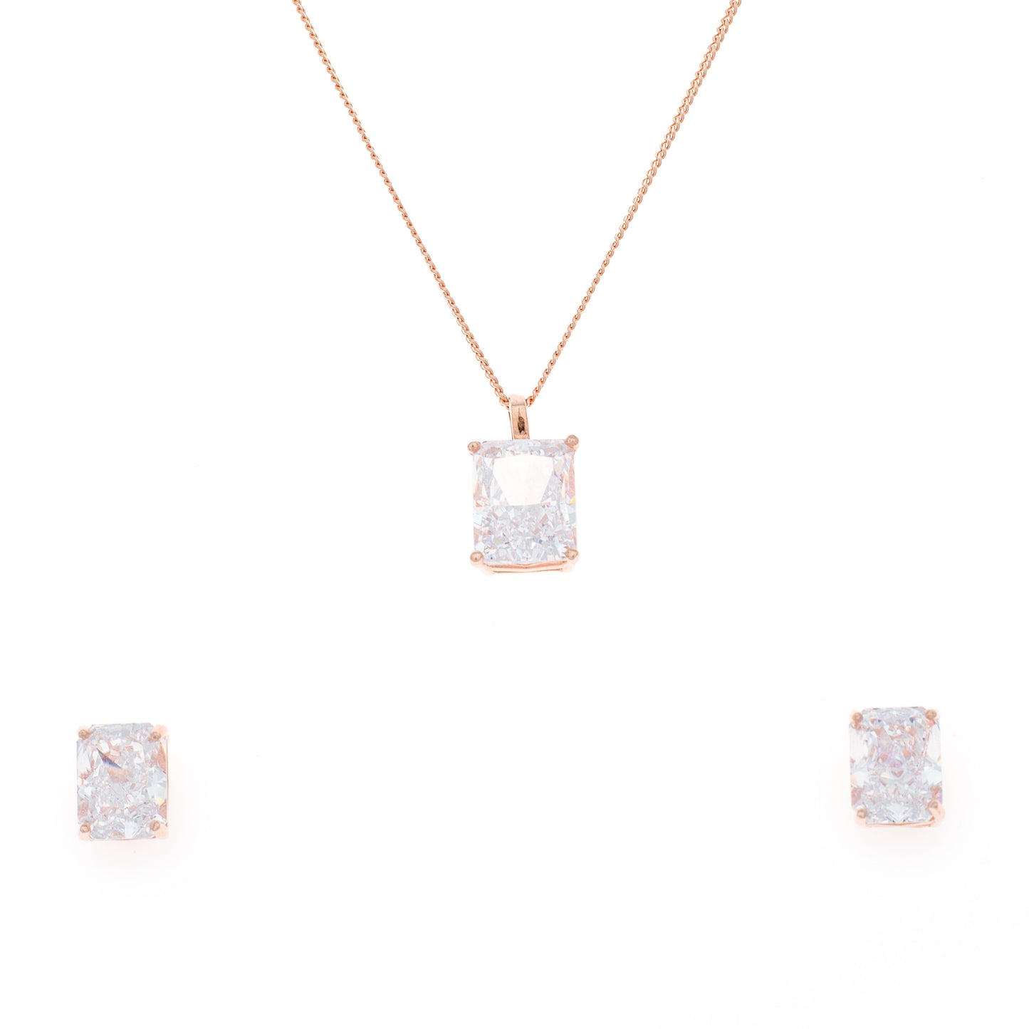 Rose Gold Square Solitaire Diamond Pendant and Earring Set