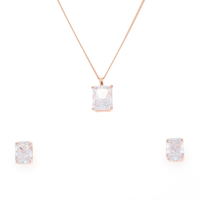 Rose Gold Square Solitaire Diamond Pendant and Earring Set