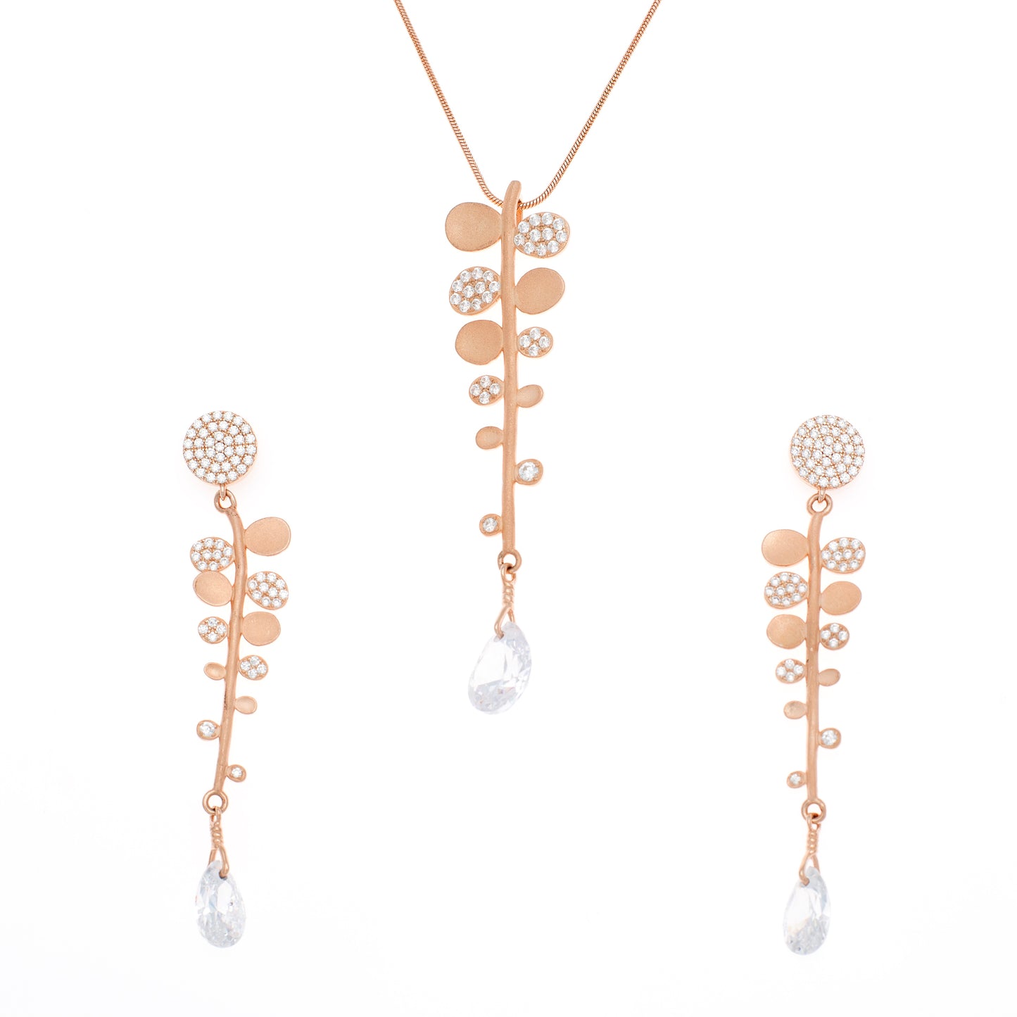 Rose Gold Vine Drop Pendant and Earring Set with Crystal Accents